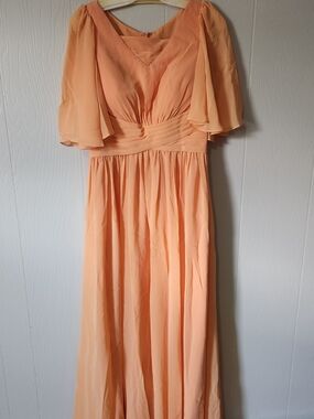 Azazie Women's Peach V-Neck Maxi Dress with Flutter Sleeves